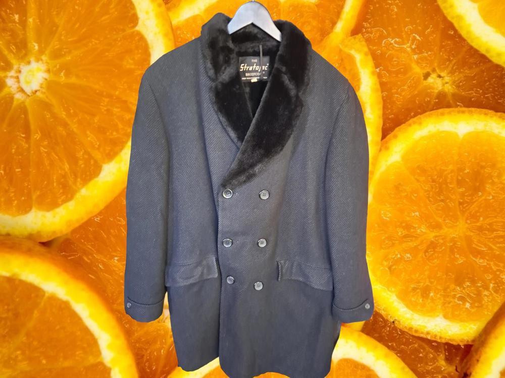 Vintage Stratojac Black Double‎ Breasted Brief Coat with Faux Fur Collar Size 42